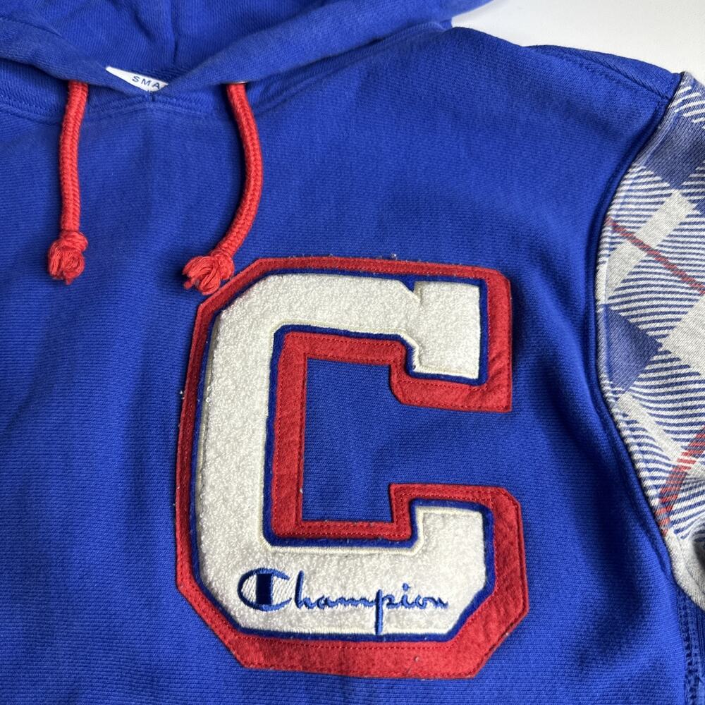 Vintage Champion Mens Small Reverse Weave Pullover Hoodie Pocket Blue Plaid - Picture 4 of 12